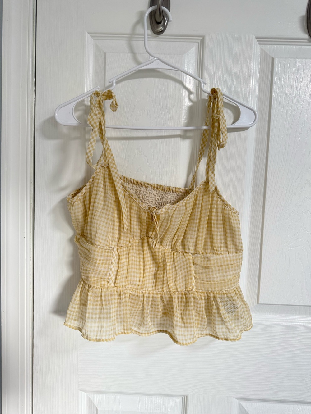 American Eagle Outfitters Yellow Gingham Tie-Shoulder Peplum Camisole